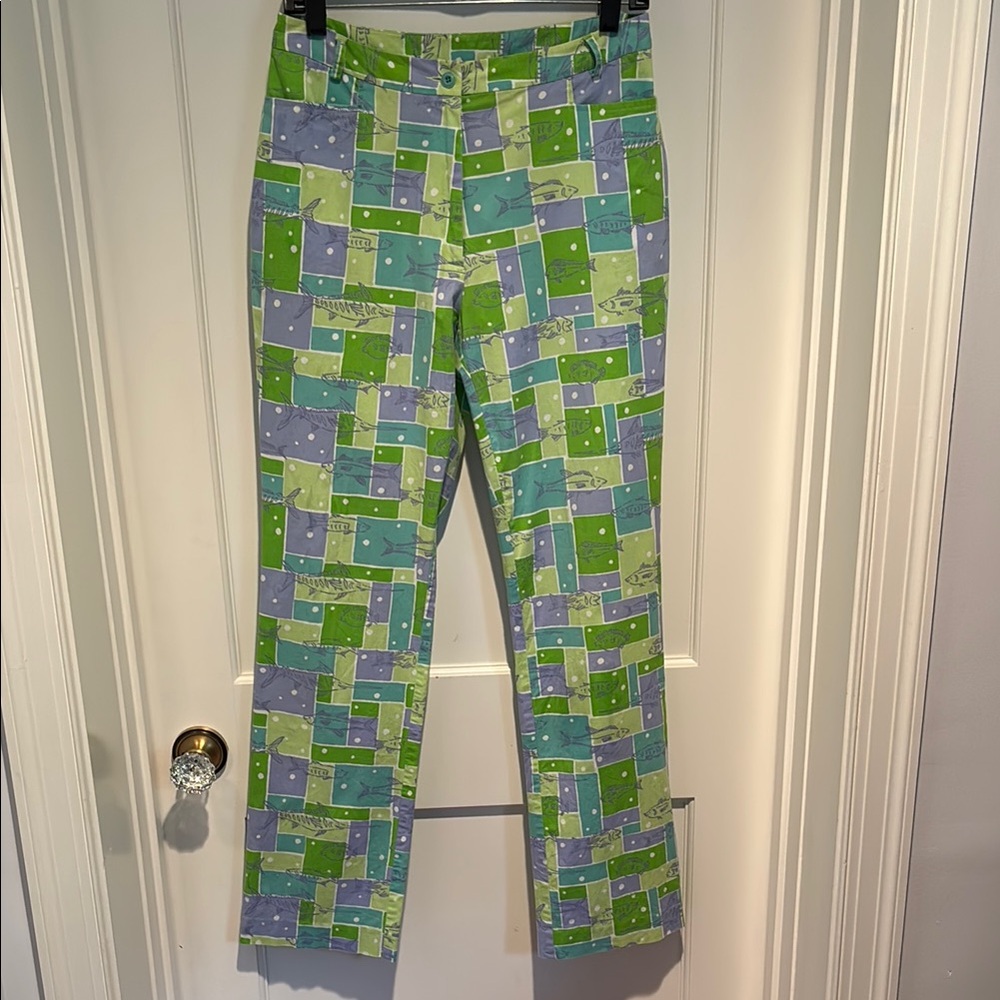Lilly Pulitzer Go Fish cotton blend tile patchwork flat front straight leg pants